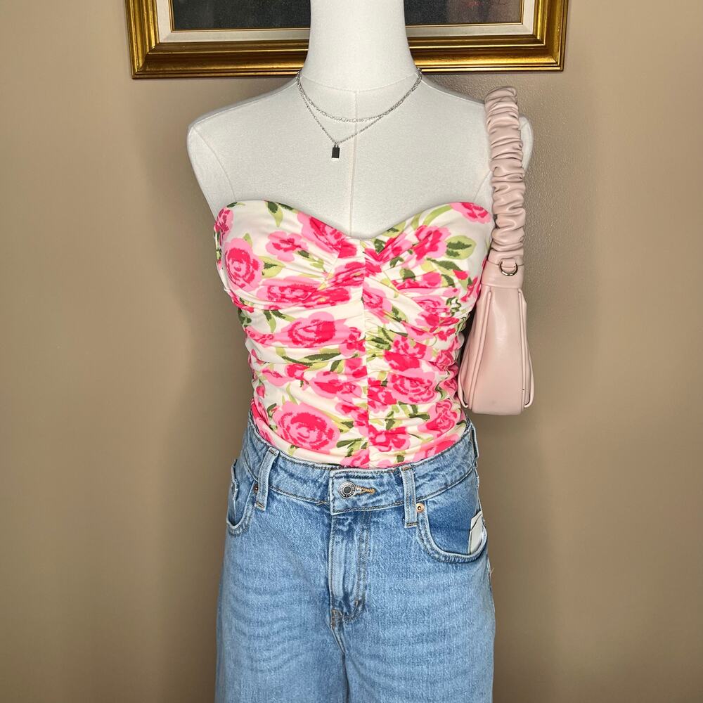Zara Floral Pink Rose Sweetheart Neckline Ruched Bodysuit Romantic Size M